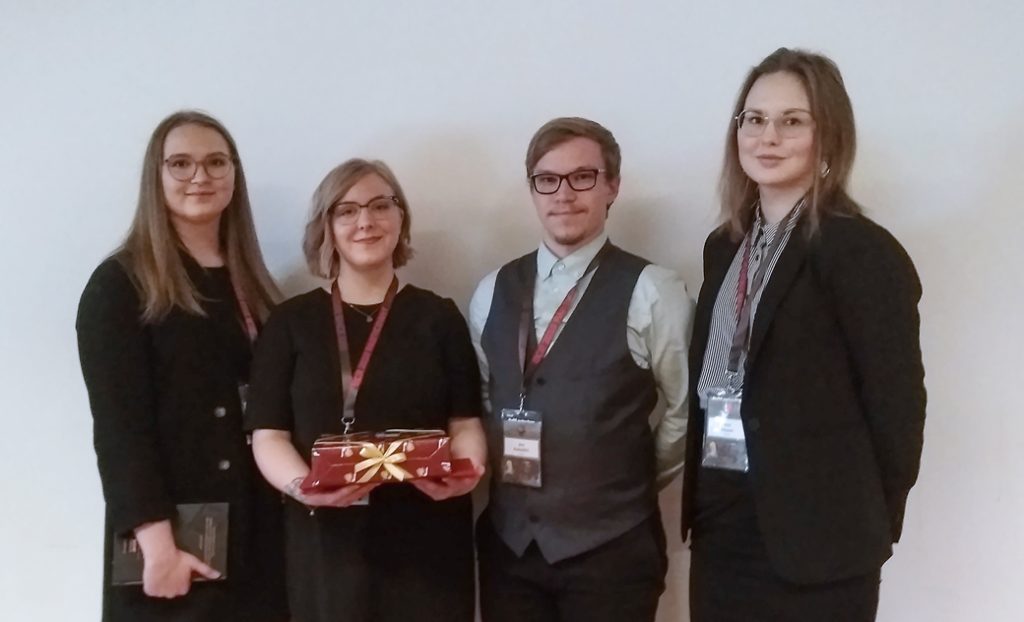 Happy winners just after the award ceremony in ECR, Vienna; Laura Similä, Anni Hiltunen, Inka Jämsén and Juho Kuukasjärvi.